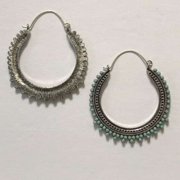 Large Silver Beaded Turquoise Hoops - Picture 3 of 5